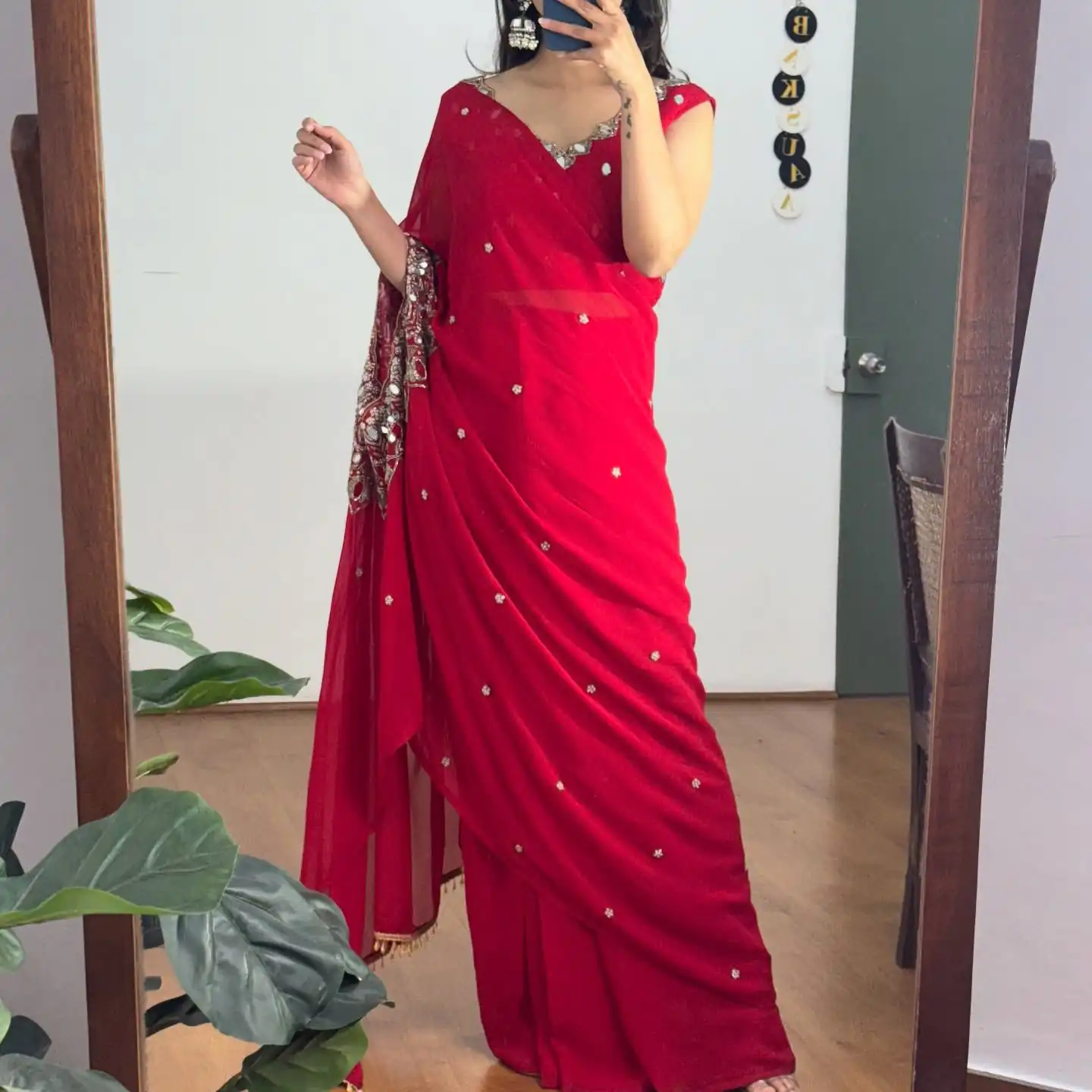 Red Faux Georgette Mirror Embroidery Work Saree | Sarees, Bollywood Sarees, Creative Sarees, Designer Sarees, Embroidered Sarees, Ethnic Saree, Modern Digital sarees, Party Wear Sarees