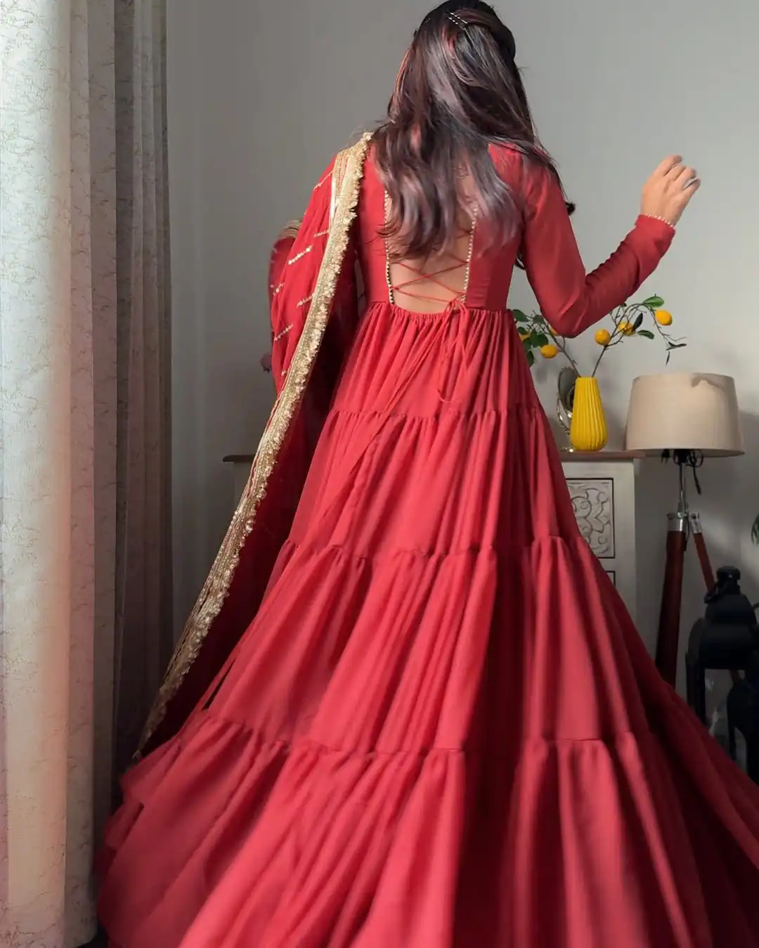 Red Faux Georgette Ruffle Style Gown | Gowns, Bollywood Gowns, Creative Gowns, Designer Gowns, Embroidered Gowns, Party Wear Gowns