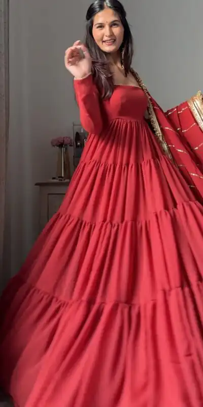 Red Faux Georgette Ruffle Style Gown | Gowns, Bollywood Gowns, Creative Gowns, Designer Gowns, Embroidered Gowns, Party Wear Gowns