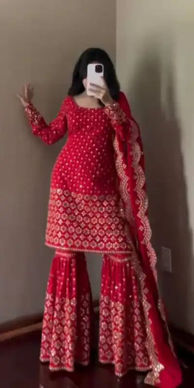 Red Faux Georgette Salwar suit | Jump Suits, Tops & Bottoms, Track Suits, Salwar suit, Casual Suits, Creative suits, Designer Suits, Palazzo Suits, Party Wear Suits, Patiala Suits, Straight Suits, Trendy Wear