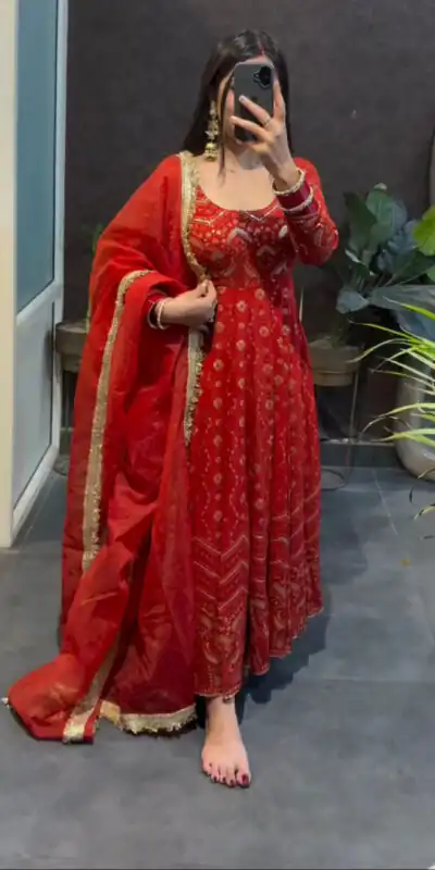 Red Faux Georgette Sequence Work Gown | Gowns, Bollywood Gowns, Creative Gowns, Designer Gowns, Embroidered Gowns, Party Wear Gowns