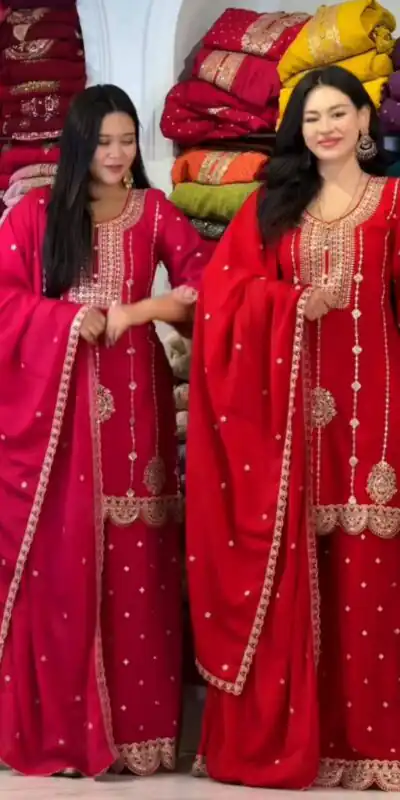 Red Faux Georgette Thread Embroidery Salwar Suit | Jump Suits, Salwar suit, Casual Suits, Creative suits, Designer Suits, Palazzo Suits, Party Wear Suits, Patiala Suits, Straight Suits