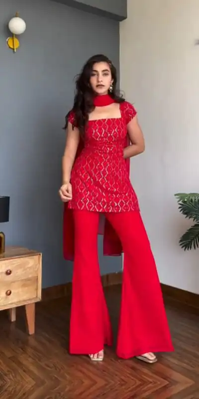 Red Faux Georgette Thread Work Salwar Suit | Jump Suits, Salwar suit, Casual Suits, Creative suits, Designer Suits, Palazzo Suits, Party Wear Suits, Patiala Suits, Straight Suits