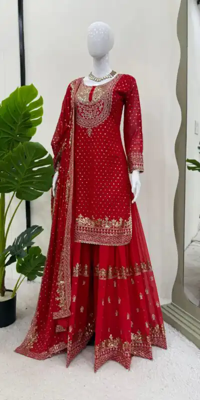 Red Faux Georgette Thread Work Salwar Suit | Jump Suits, Salwar suit, Casual Suits, Creative suits, Designer Suits, Palazzo Suits, Party Wear Suits, Patiala Suits, Straight Suits
