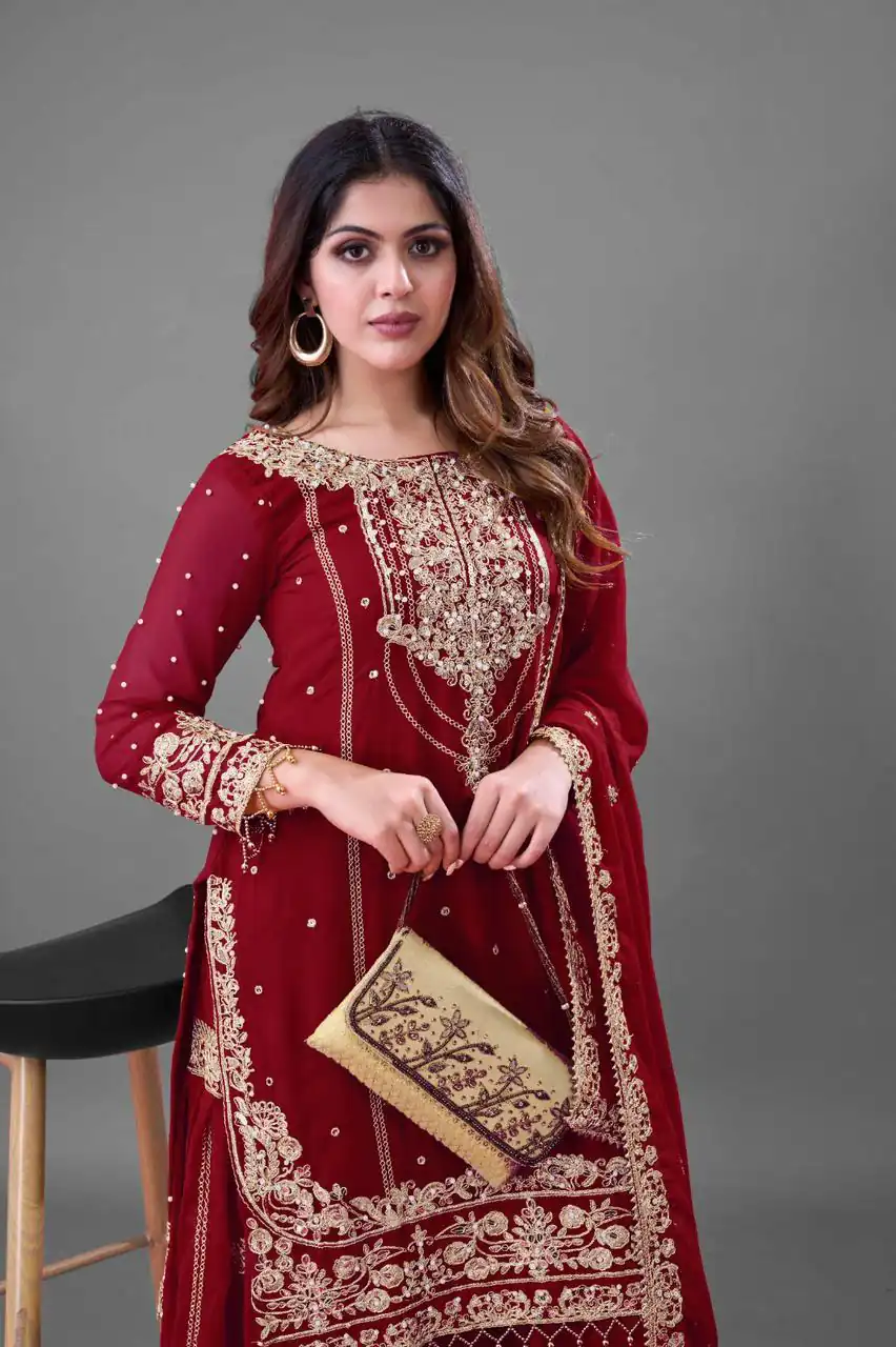 Red Faux Georgette With Embroidery Salwar Suit | Jump Suits, Salwar suit, Casual Suits, Creative suits, Designer Suits, Palazzo Suits, Party Wear Suits, Patiala Suits, Straight Suits