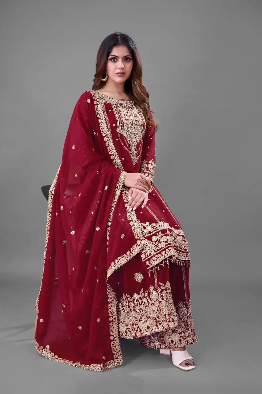 Red Faux Georgette With Embroidery Salwar Suit | Jump Suits, Salwar suit, Casual Suits, Creative suits, Designer Suits, Palazzo Suits, Party Wear Suits, Patiala Suits, Straight Suits