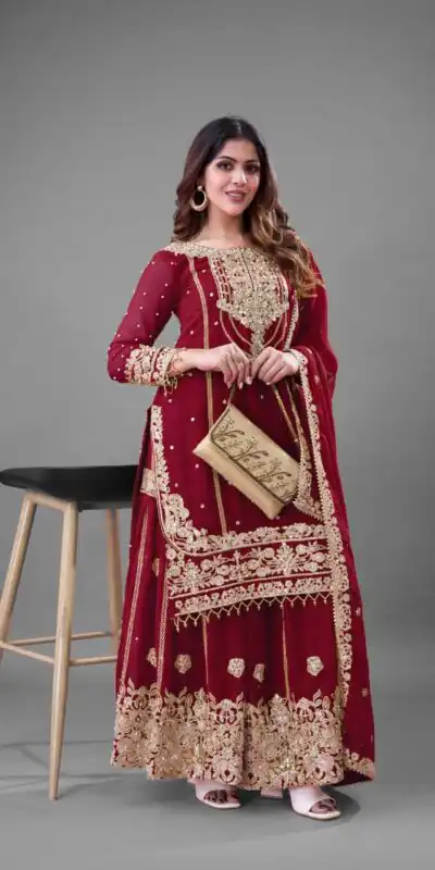 Red Faux Georgette With Embroidery Salwar Suit | Jump Suits, Salwar suit, Casual Suits, Creative suits, Designer Suits, Palazzo Suits, Party Wear Suits, Patiala Suits, Straight Suits