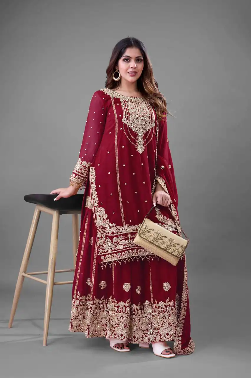 Red Faux Georgette With Embroidery Salwar Suit | Jump Suits, Salwar suit, Casual Suits, Creative suits, Designer Suits, Palazzo Suits, Party Wear Suits, Patiala Suits, Straight Suits