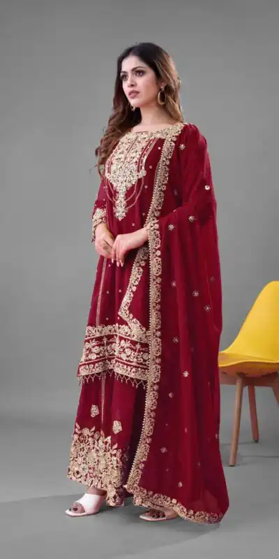 Red Faux Georgette With Embroidery Salwar Suit | Jump Suits, Salwar suit, Casual Suits, Creative suits, Designer Suits, Palazzo Suits, Party Wear Suits, Patiala Suits, Straight Suits