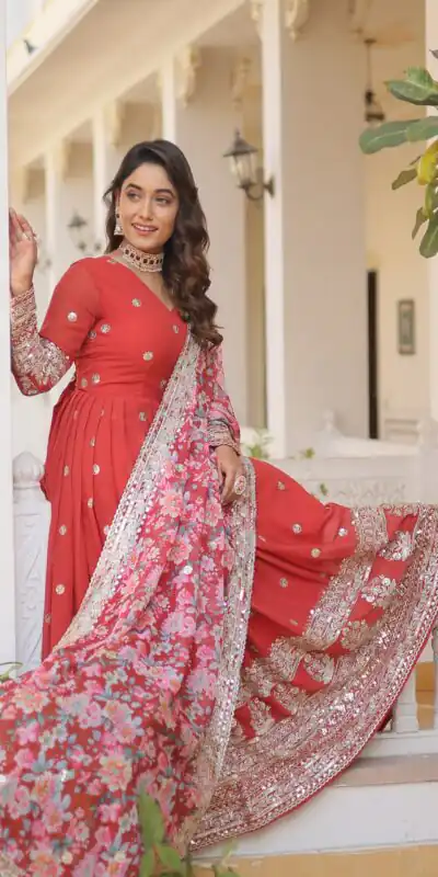 Red Faux Georgette With Embroidery Work Gown | Gowns, Bollywood Gowns, Creative Gowns, Designer Gowns, Embroidered Gowns, Party Wear Gowns