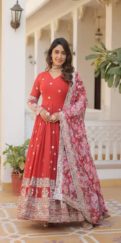 Red Faux Georgette With Embroidery Work Gown | Gowns, Bollywood Gowns, Creative Gowns, Designer Gowns, Embroidered Gowns, Party Wear Gowns