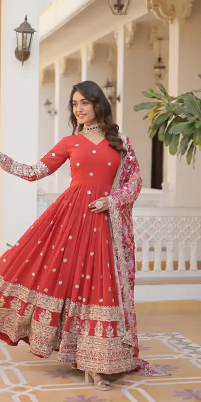 Red Faux Georgette With Embroidery Work Gown | Gowns, Bollywood Gowns, Creative Gowns, Designer Gowns, Embroidered Gowns, Party Wear Gowns