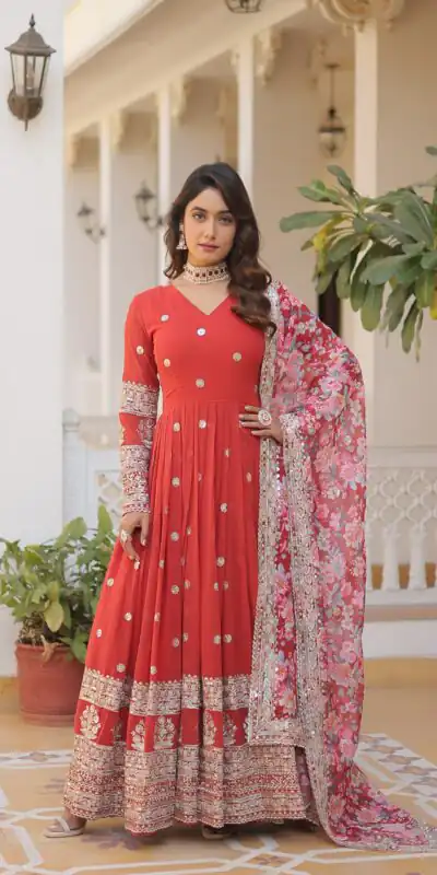 Red Faux Georgette With Embroidery Work Gown | Gowns, Bollywood Gowns, Creative Gowns, Designer Gowns, Embroidered Gowns, Party Wear Gowns