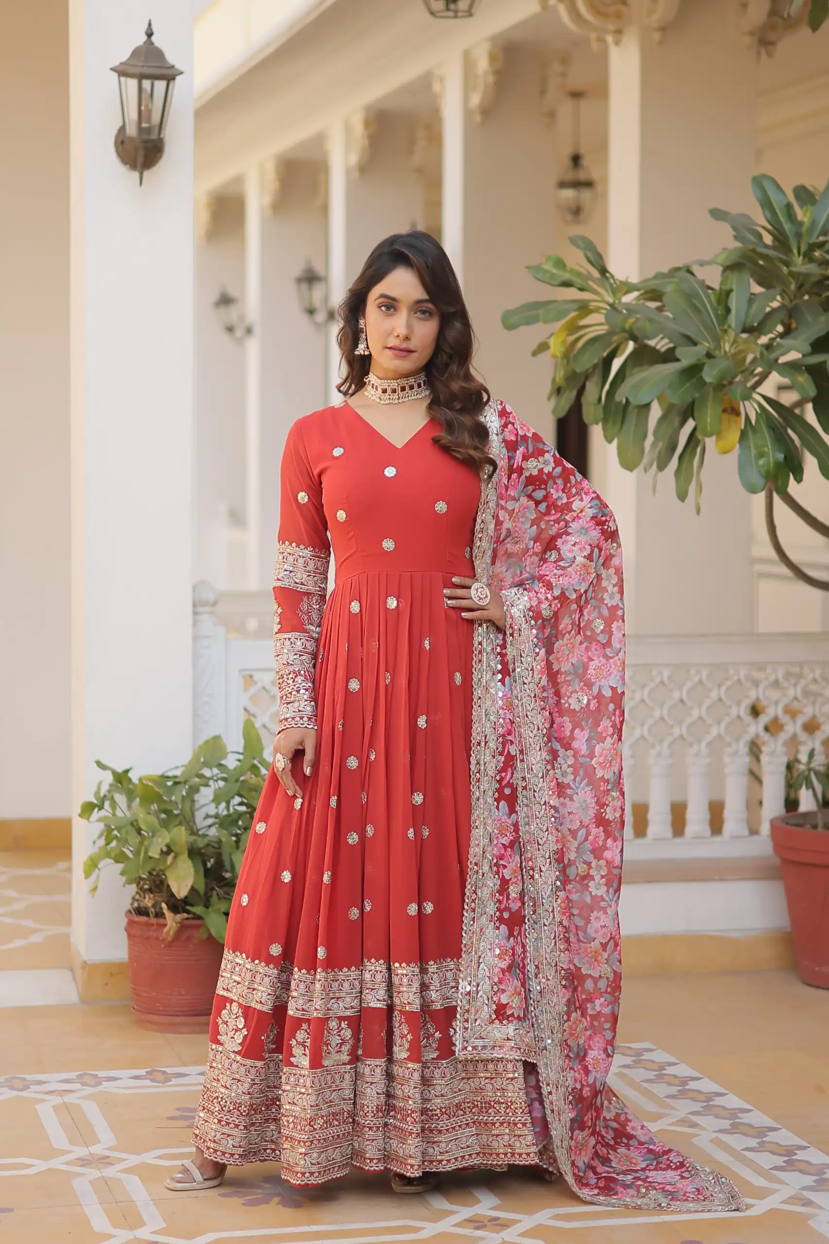 Red Faux Georgette With Embroidery Work Gown | Gowns, Bollywood Gowns, Creative Gowns, Designer Gowns, Embroidered Gowns, Party Wear Gowns
