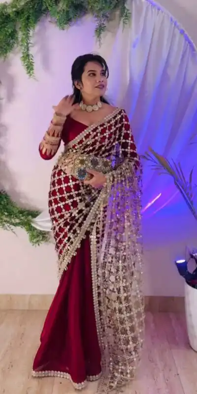 Red Fendy Silk Lace Mirror Work Saree | Sarees, Bollywood Sarees, Creative Sarees, Designer Sarees, Embroidered Sarees, Ethnic Saree, Modern Digital sarees, Party Wear Sarees