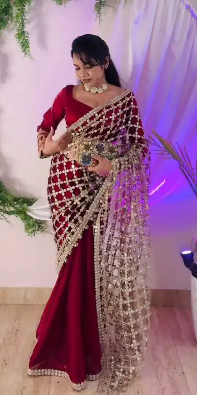 Red Fendy Silk Lace Mirror Work Saree | Sarees, Bollywood Sarees, Creative Sarees, Designer Sarees, Embroidered Sarees, Ethnic Saree, Modern Digital sarees, Party Wear Sarees