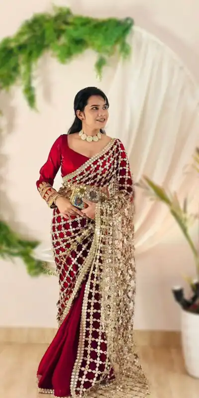 Red Fendy Silk Lace Mirror Work Saree | Sarees, Bollywood Sarees, Creative Sarees, Designer Sarees, Embroidered Sarees, Ethnic Saree, Modern Digital sarees, Party Wear Sarees