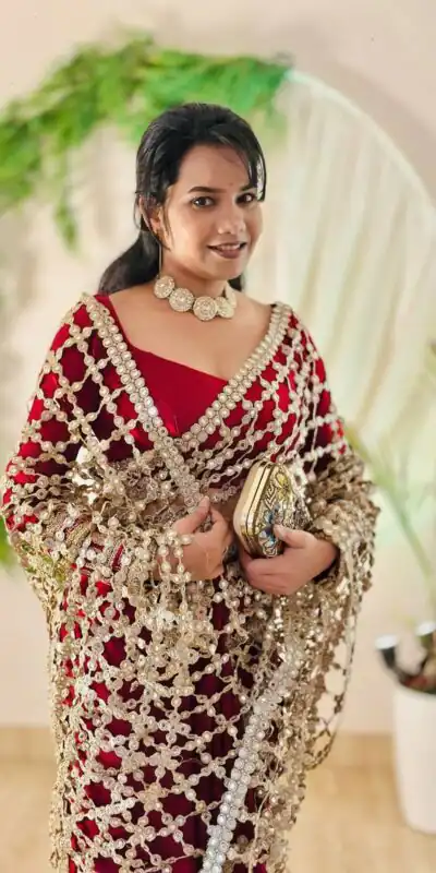 Red Fendy Silk Lace Mirror Work Saree | Sarees, Bollywood Sarees, Creative Sarees, Designer Sarees, Embroidered Sarees, Ethnic Saree, Modern Digital sarees, Party Wear Sarees