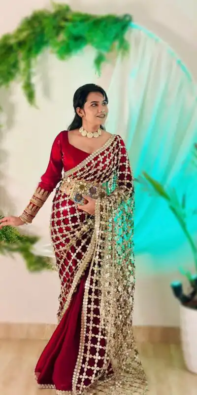 Red Fendy Silk Lace Mirror Work Saree | Sarees, Bollywood Sarees, Creative Sarees, Designer Sarees, Embroidered Sarees, Ethnic Saree, Modern Digital sarees, Party Wear Sarees