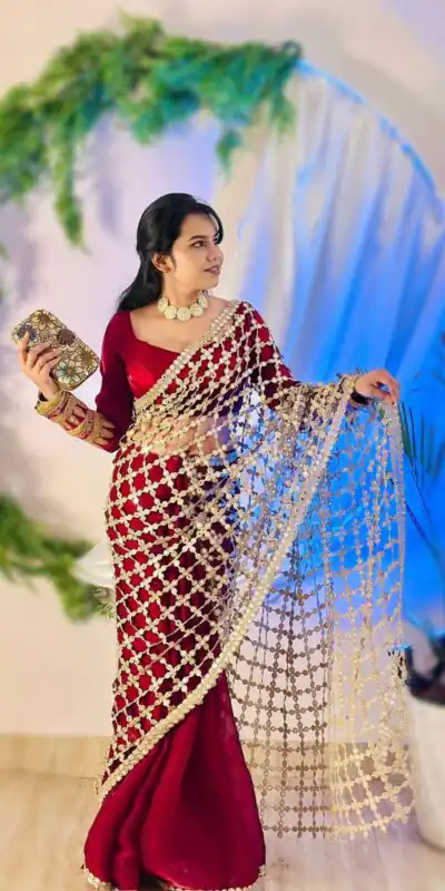 Red Fendy Silk Lace Mirror Work Saree | Sarees, Bollywood Sarees, Creative Sarees, Designer Sarees, Embroidered Sarees, Ethnic Saree, Modern Digital sarees, Party Wear Sarees