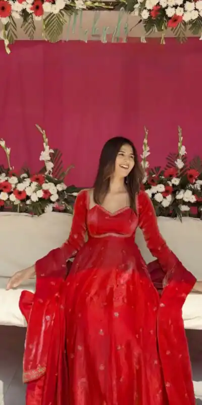 Red Fendy Silk Lace Work Gown | Gowns, Bollywood Gowns, Creative Gowns, Designer Gowns, Embroidered Gowns, Party Wear Gowns