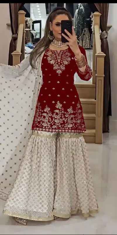 Red Fox Georgette Embroidery Lace Work Salwar Suit | Jump Suits, Tops & Bottoms, Track Suits, Salwar suit, Casual Suits, Creative suits, Designer Suits, Palazzo Suits, Party Wear Suits, Patiala Suits, Straight Suits, Trendy Wear