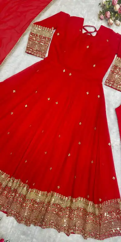 Red Fox Georgette Embroidery Work Anarkali Gown | Gowns, Bollywood Gowns, Creative Gowns, Designer Gowns, Embroidered Gowns, Party Wear Gowns, Straight Suits