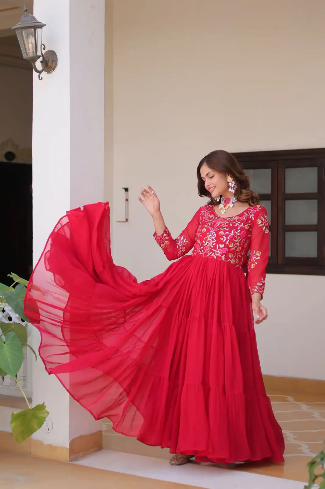 Red Fox Georgette With Embroidery Work Gown | Jump Suits, Salwar suit, Casual Suits, Creative suits, Designer Suits, Palazzo Suits, Party Wear Suits, Patiala Suits, Straight Suits