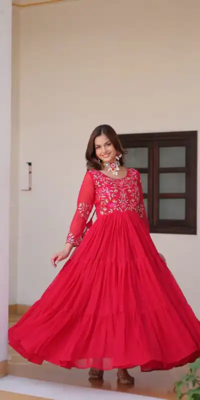 Red Fox Georgette With Embroidery Work Gown | Jump Suits, Salwar suit, Casual Suits, Creative suits, Designer Suits, Palazzo Suits, Party Wear Suits, Patiala Suits, Straight Suits