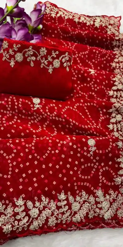 Red Georgette Bandhni Print Pita Work Embroidery Saree | Sarees, Bollywood Sarees, Creative Sarees, Designer Sarees, Embroidered Sarees, Ethnic Saree, Modern Digital sarees, Party Wear Sarees