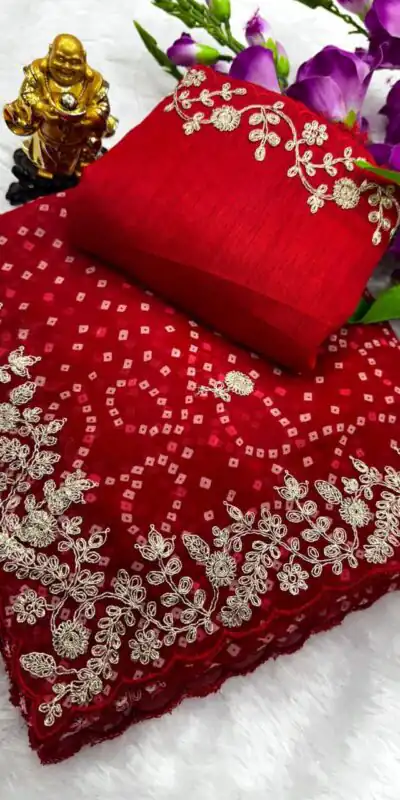 Red Georgette Bandhni Print Pita Work Embroidery Saree | Sarees, Bollywood Sarees, Creative Sarees, Designer Sarees, Embroidered Sarees, Ethnic Saree, Modern Digital sarees, Party Wear Sarees