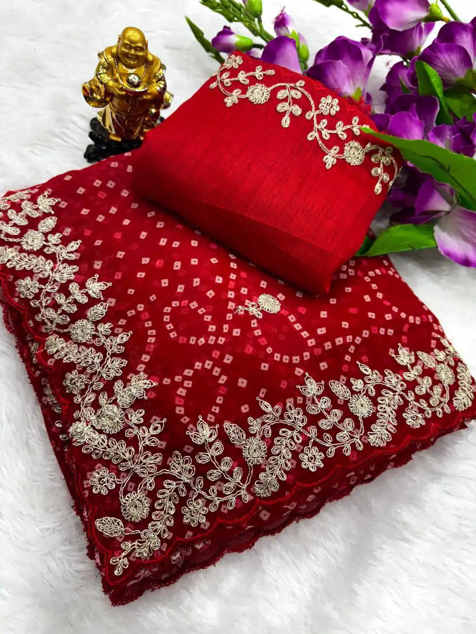 Red Georgette Bandhni Print Pita Work Embroidery Saree | Sarees, Bollywood Sarees, Creative Sarees, Designer Sarees, Embroidered Sarees, Ethnic Saree, Modern Digital sarees, Party Wear Sarees