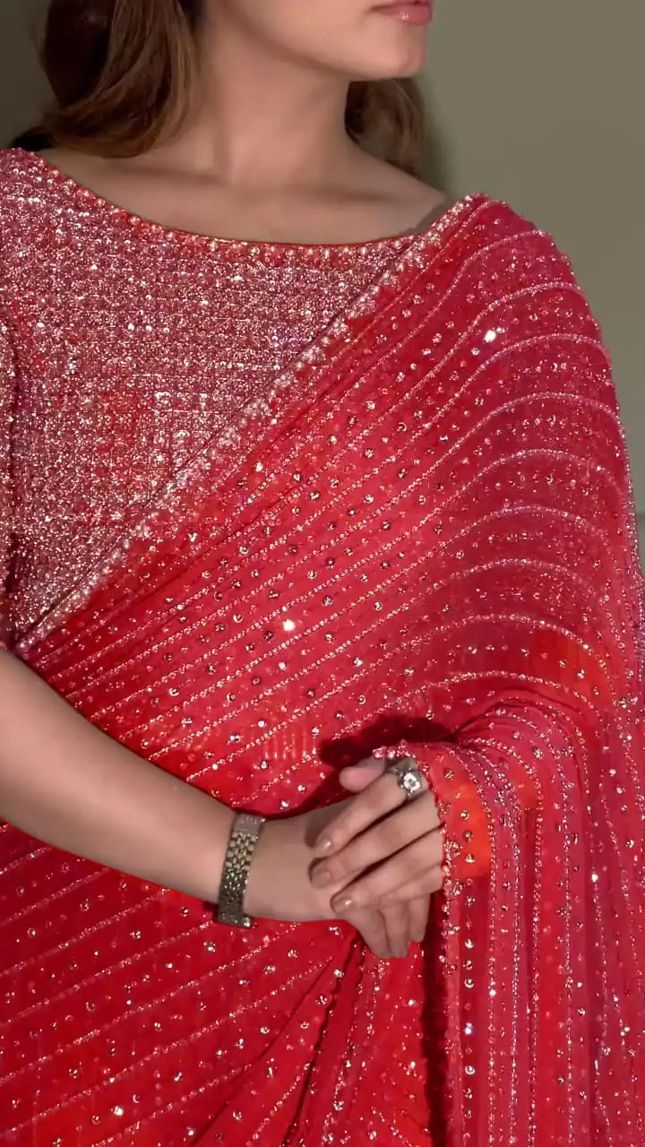 Red Georgette Embroidery Saree | Sarees, Bollywood Sarees, Creative Sarees, Designer Sarees, Embroidered Sarees, Ethnic Saree, Modern Digital sarees, Party Wear Sarees