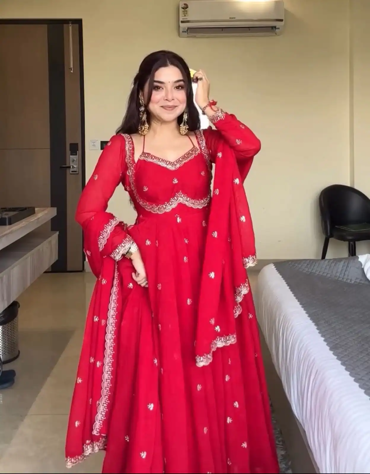 Red Georgette Embroidery Work Gown | Gowns, Bollywood Gowns, Creative Gowns, Designer Gowns, Embroidered Gowns, Party Wear Gowns