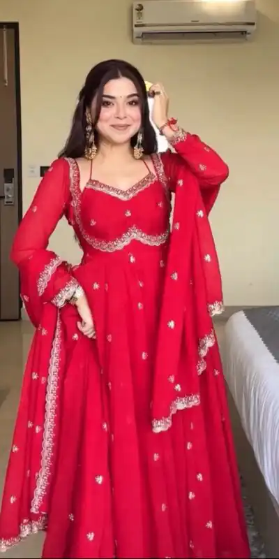 Red Georgette Embroidery Work Gown | Gowns, Bollywood Gowns, Creative Gowns, Designer Gowns, Embroidered Gowns, Party Wear Gowns