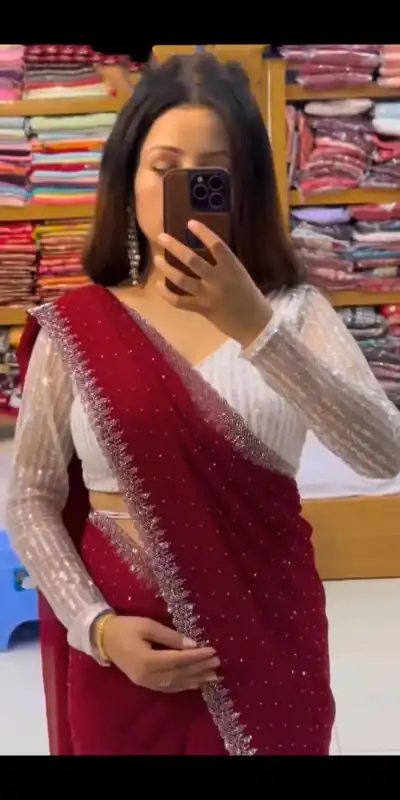 Red Georgette Hot Fix Stone Work Saree | Sarees, Bollywood Sarees, Creative Sarees, Designer Sarees, Embroidered Sarees, Ethnic Saree, Modern Digital sarees, Party Wear Sarees