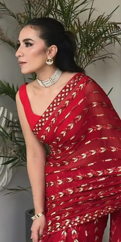 Red Georgette Lace Embroidery Work Saree | Sarees, Bollywood Sarees, Creative Sarees, Designer Sarees, Embroidered Sarees, Ethnic Saree, Modern Digital sarees, Party Wear Sarees