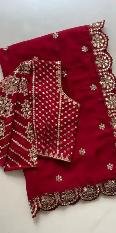 Red Georgette Mirror Sequence Work Saree | Sarees, Bollywood Sarees, Creative Sarees, Designer Sarees, Embroidered Sarees, Ethnic Saree, Modern Digital sarees, Party Wear Sarees