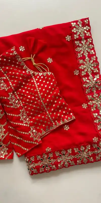 Red Georgette Mirror Work Saree | Sarees, Bollywood Sarees, Creative Sarees, Designer Sarees, Embroidered Sarees, Ethnic Saree, Modern Digital sarees, Party Wear Sarees
