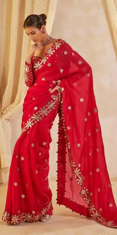 Red Georgette Mirror Work Saree | Sarees, Bollywood Sarees, Creative Sarees, Designer Sarees, Embroidered Sarees, Ethnic Saree, Modern Digital sarees, Party Wear Sarees