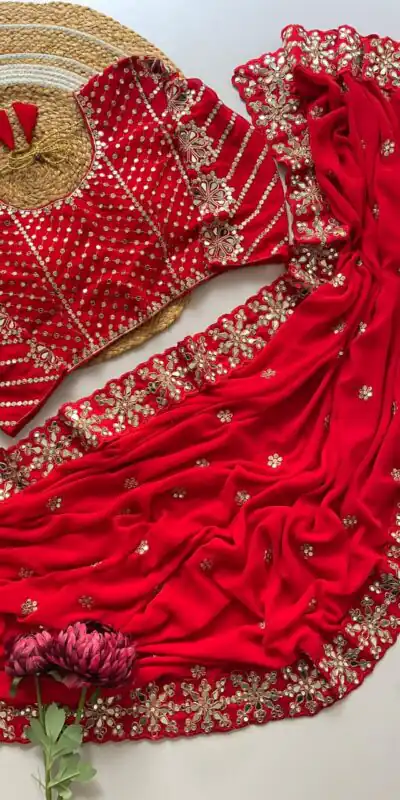 Red Georgette Mirror Work Saree | Sarees, Bollywood Sarees, Creative Sarees, Designer Sarees, Embroidered Sarees, Ethnic Saree, Modern Digital sarees, Party Wear Sarees
