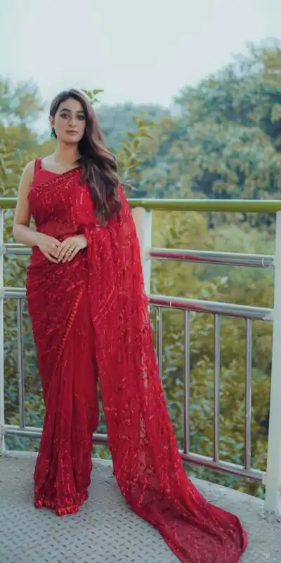 Red Georgette Multi Sequin Embroidered Saree | Sarees, Bollywood Sarees, Creative Sarees, Designer Sarees, Embroidered Sarees, Ethnic Saree, Modern Digital sarees, Party Wear Sarees