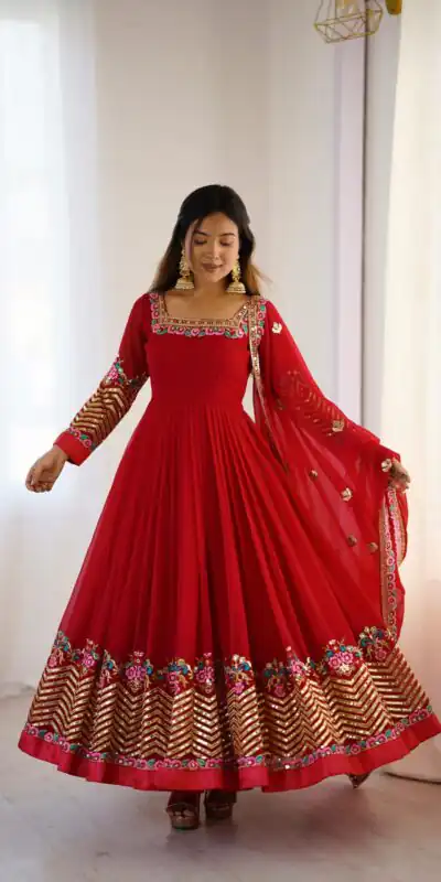 Red Georgette Multi Thread Work Gown | Jump Suits, Salwar suit, Casual Suits, Creative suits, Designer Suits, Palazzo Suits, Party Wear Suits, Patiala Suits, Straight Suits