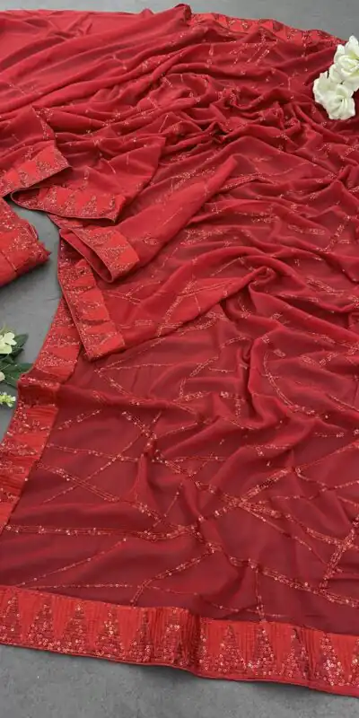 Red Georgette Sequins Embroidery Work Saree | Sarees, Bollywood Sarees, Creative Sarees, Designer Sarees, Embroidered Sarees, Ethnic Saree, Modern Digital sarees, Party Wear Sarees