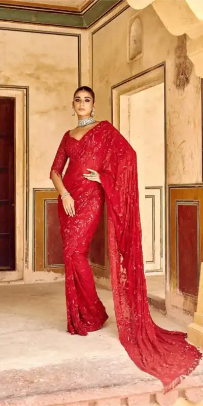 Red Georgette Sequins Embroidery Work Saree | Sarees, Bollywood Sarees, Creative Sarees, Designer Sarees, Embroidered Sarees, Ethnic Saree, Modern Digital sarees, Party Wear Sarees