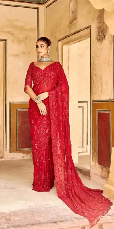 Red Georgette Sequins Embroidery Work Saree | Sarees, Bollywood Sarees, Creative Sarees, Designer Sarees, Embroidered Sarees, Ethnic Saree, Modern Digital sarees, Party Wear Sarees