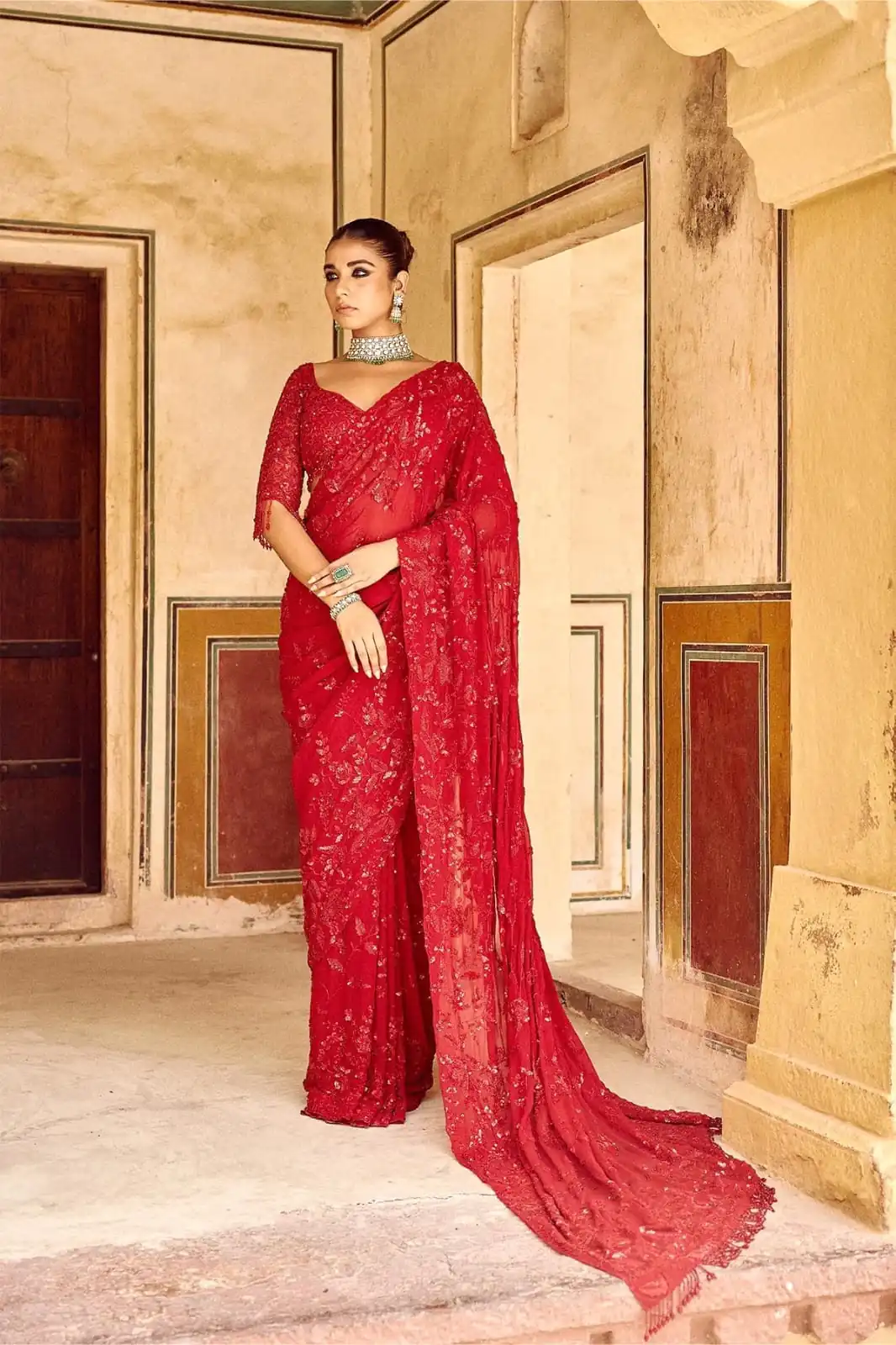 Red Georgette Sequins Embroidery Work Saree | Sarees, Bollywood Sarees, Creative Sarees, Designer Sarees, Embroidered Sarees, Ethnic Saree, Modern Digital sarees, Party Wear Sarees