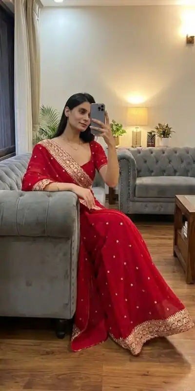 Red Georgette Sequins Embroidery Work Saree | Sarees, Bollywood Sarees, Creative Sarees, Designer Sarees, Embroidered Sarees, Ethnic Saree, Modern Digital sarees, Party Wear Sarees