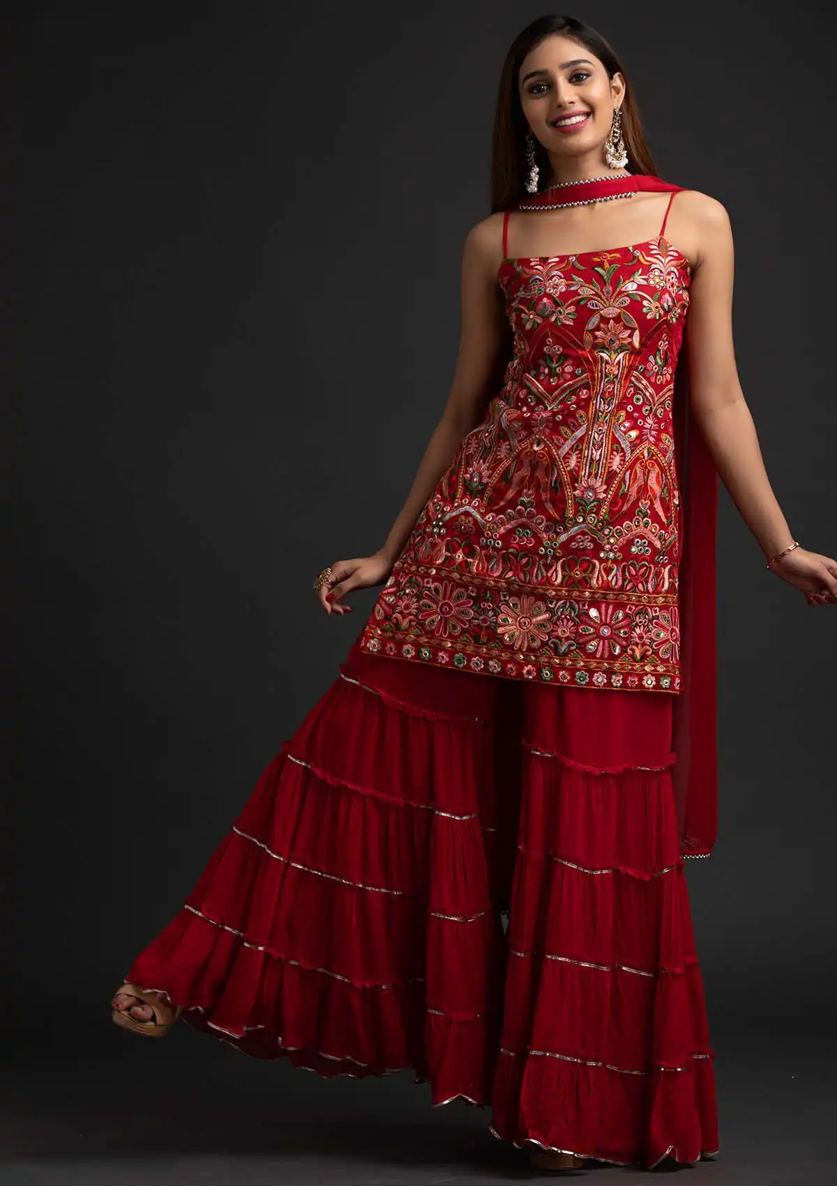 Red Georgette Sharara Suit with Mirror Work | Salwar suit, Casual Suits, Creative suits, Designer Suits, Palazzo Suits, Party Wear Suits, Straight Suits