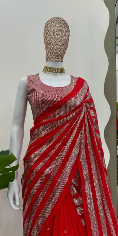 Red Georgette Thread Sequence Work Saree | Sarees, Bollywood Sarees, Creative Sarees, Designer Sarees, Embroidered Sarees, Ethnic Saree, Modern Digital sarees, Party Wear Sarees